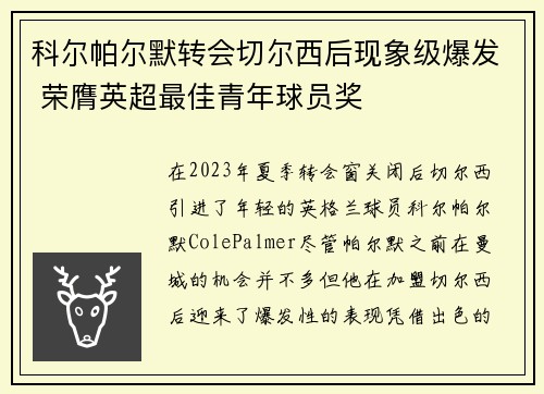科尔帕尔默转会切尔西后现象级爆发 荣膺英超最佳青年球员奖 科尔帕尔默转会切尔西后现象级爆发 荣膺英超最佳青年球员奖