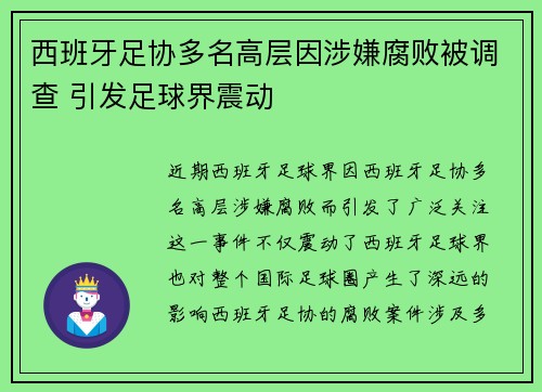 西班牙足协多名高层因涉嫌腐败被调查 引发足球界震动 西班牙足协多名高层因涉嫌腐败被调查 引发足球界震动